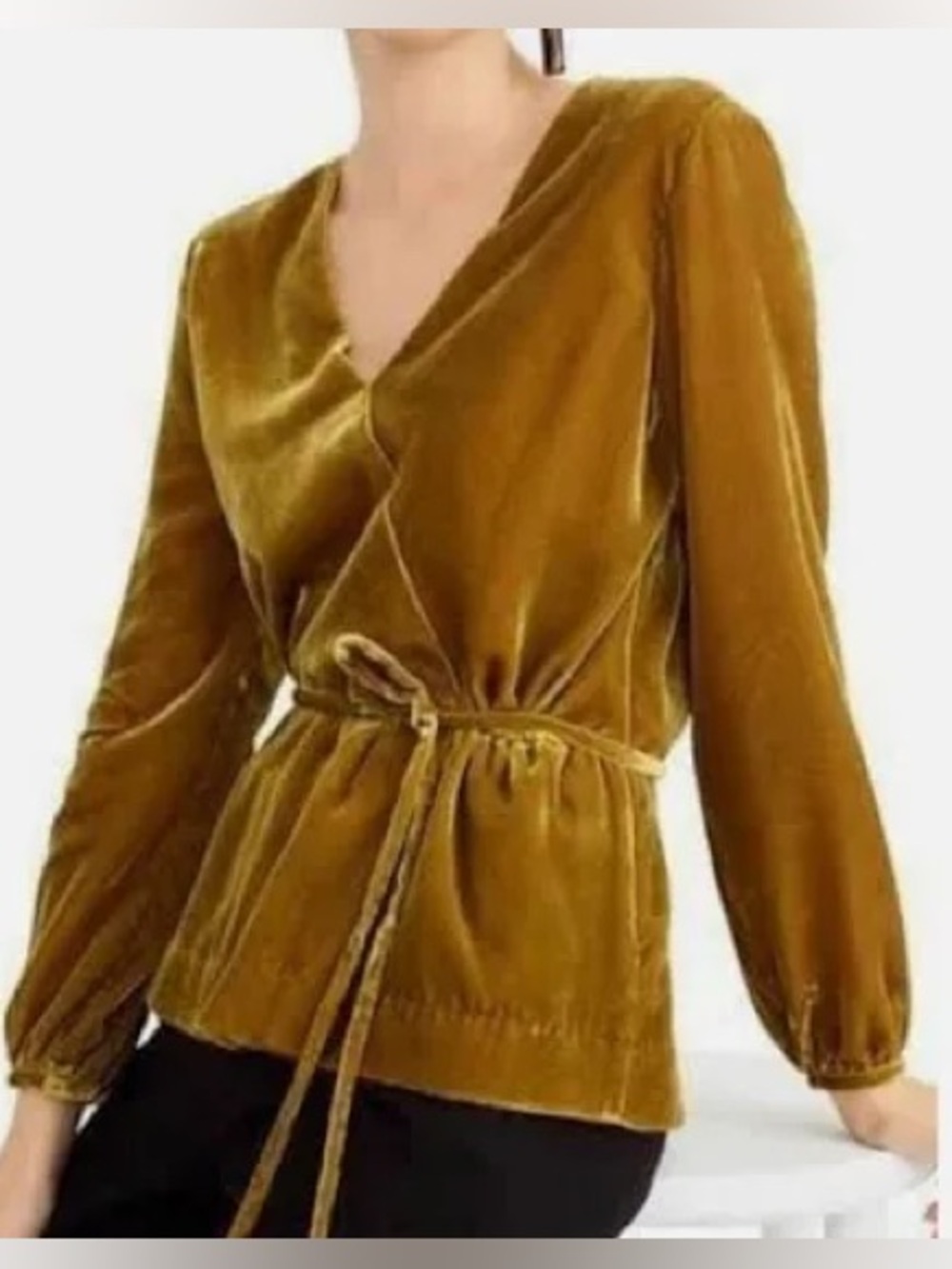 J. Crew Velvet Wrap Blouse in Mustard Gold flaw